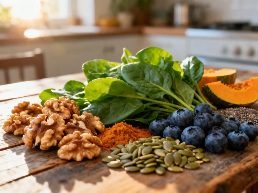 Różnorodne superfoods, takie jak orzechy, szpinak i jagody, bogate w witaminy wspierające zdrowie włosów.