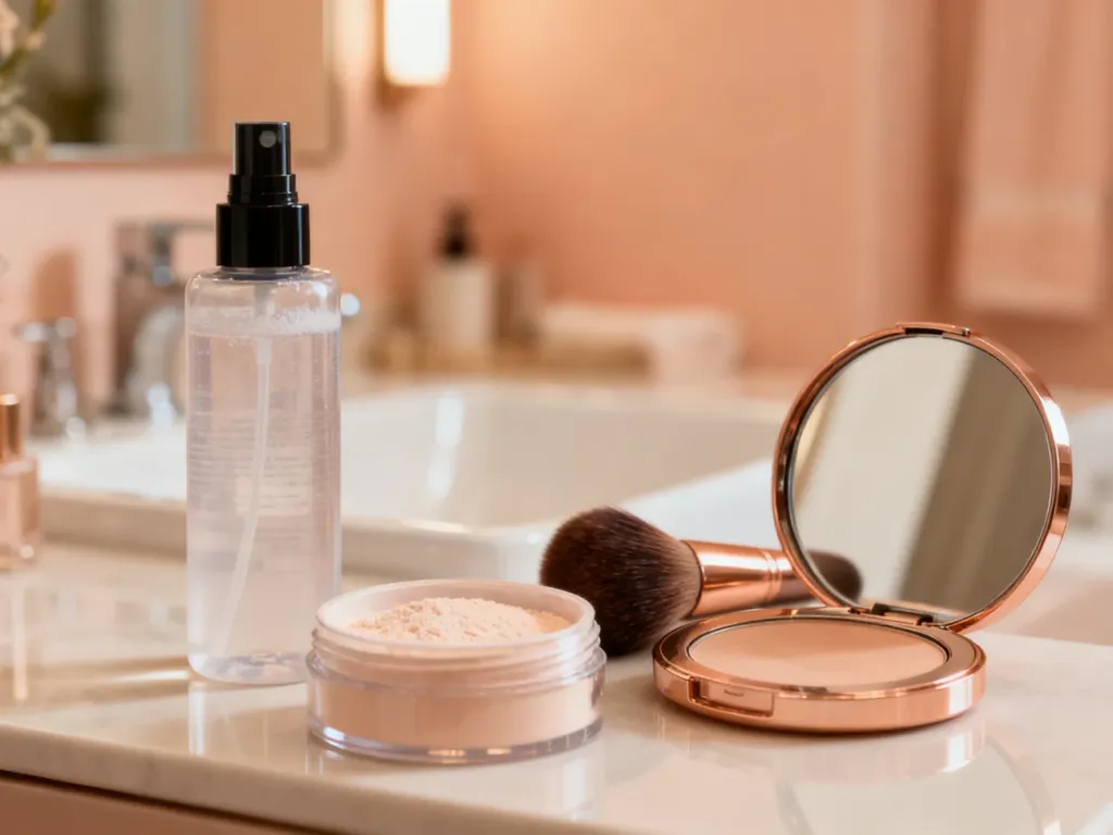 Zestaw kosmetyków do utrwalania makijażu: spray utrwalający, puder sypki, pędzel oraz lusterko na eleganckiej toaletce.