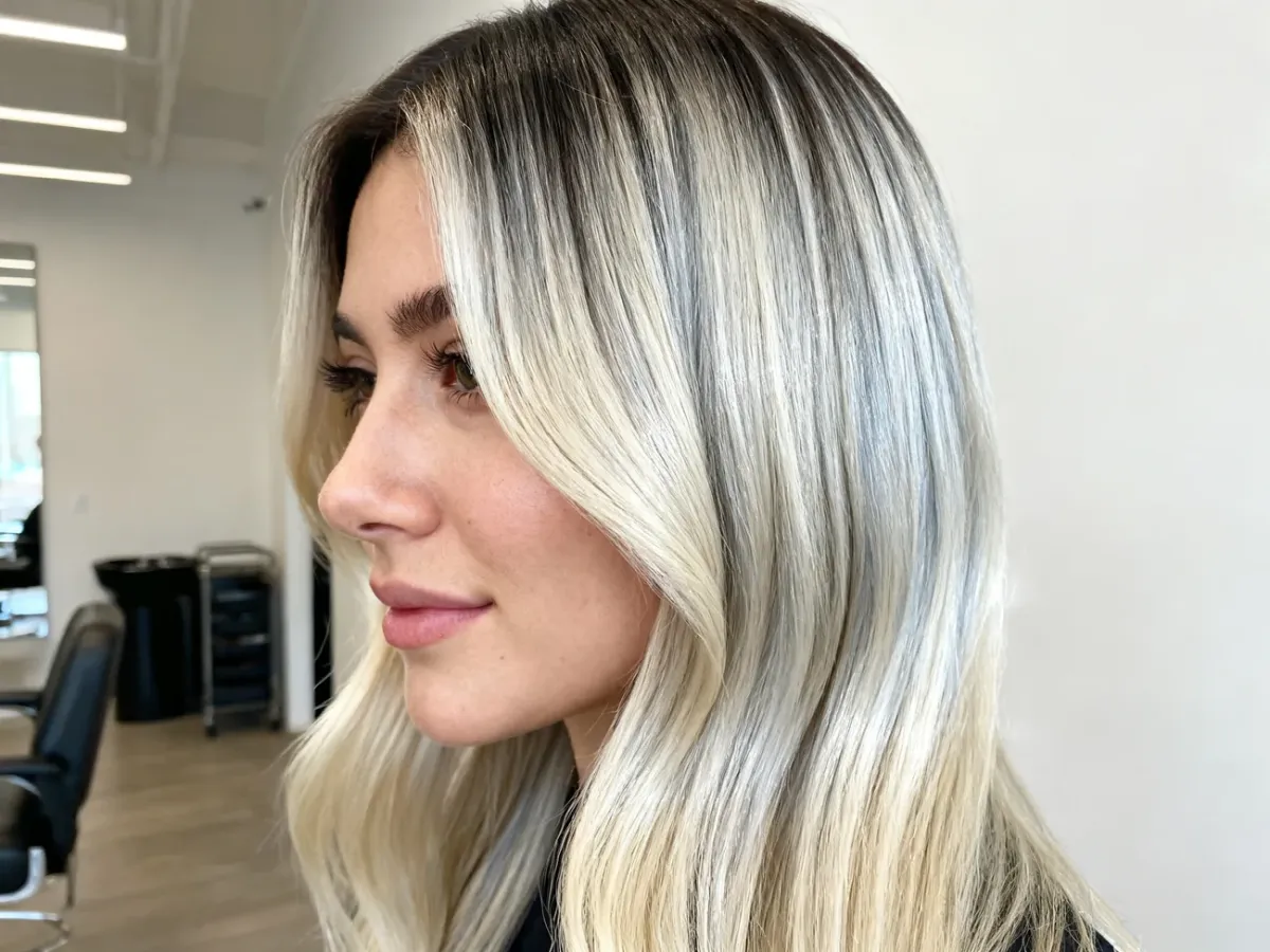Glossy balayage hair with softly blended silver and blonde tones